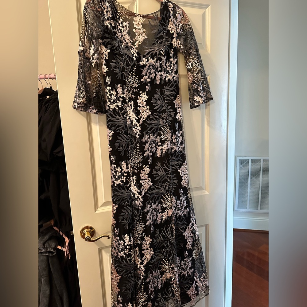 Belle Badgley Mischka gown dress floral embroidered bell sleeve mermaid